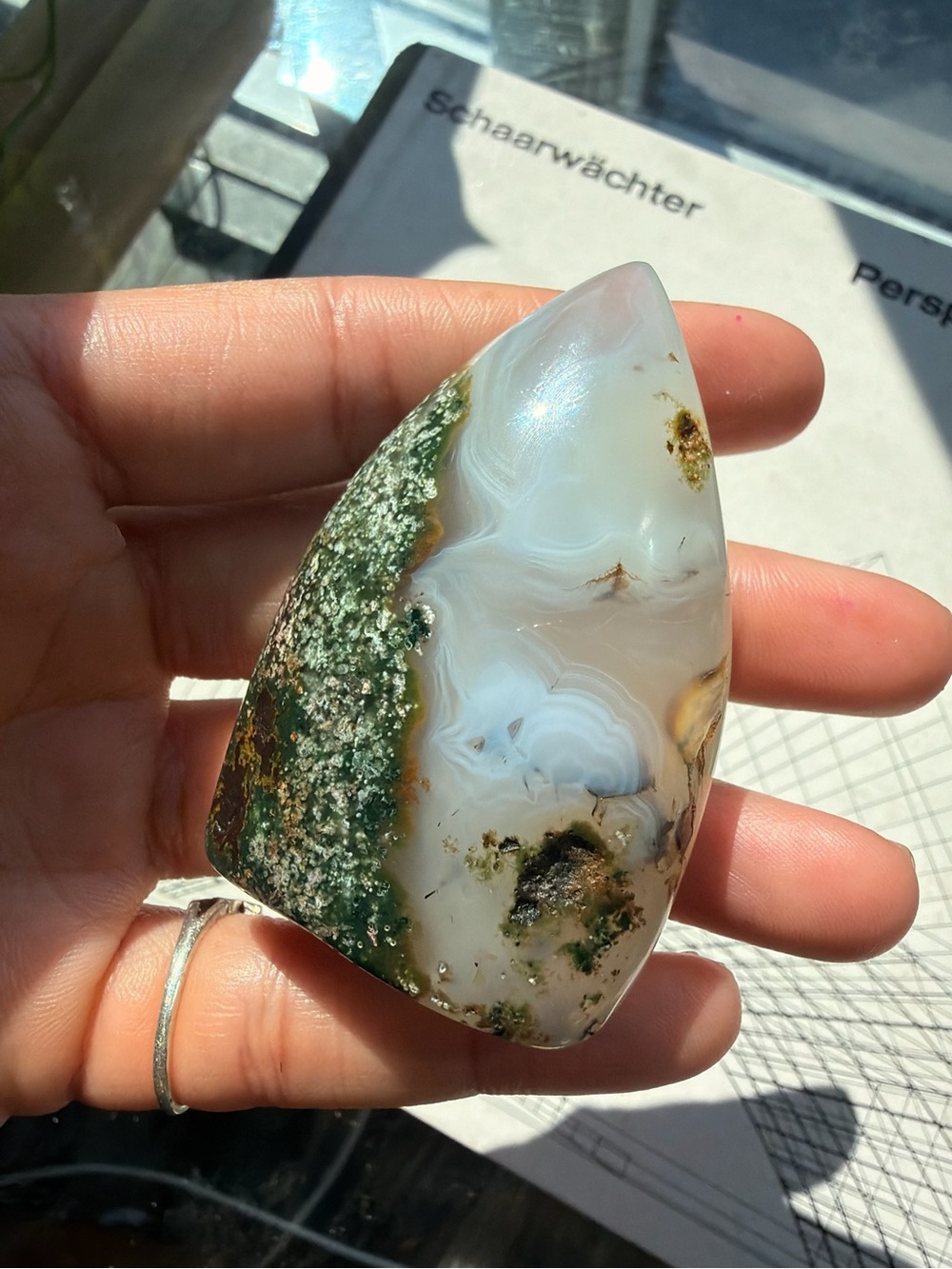 Moss Agate Freeform | Banded Agate Crystal | Green & White | 3”